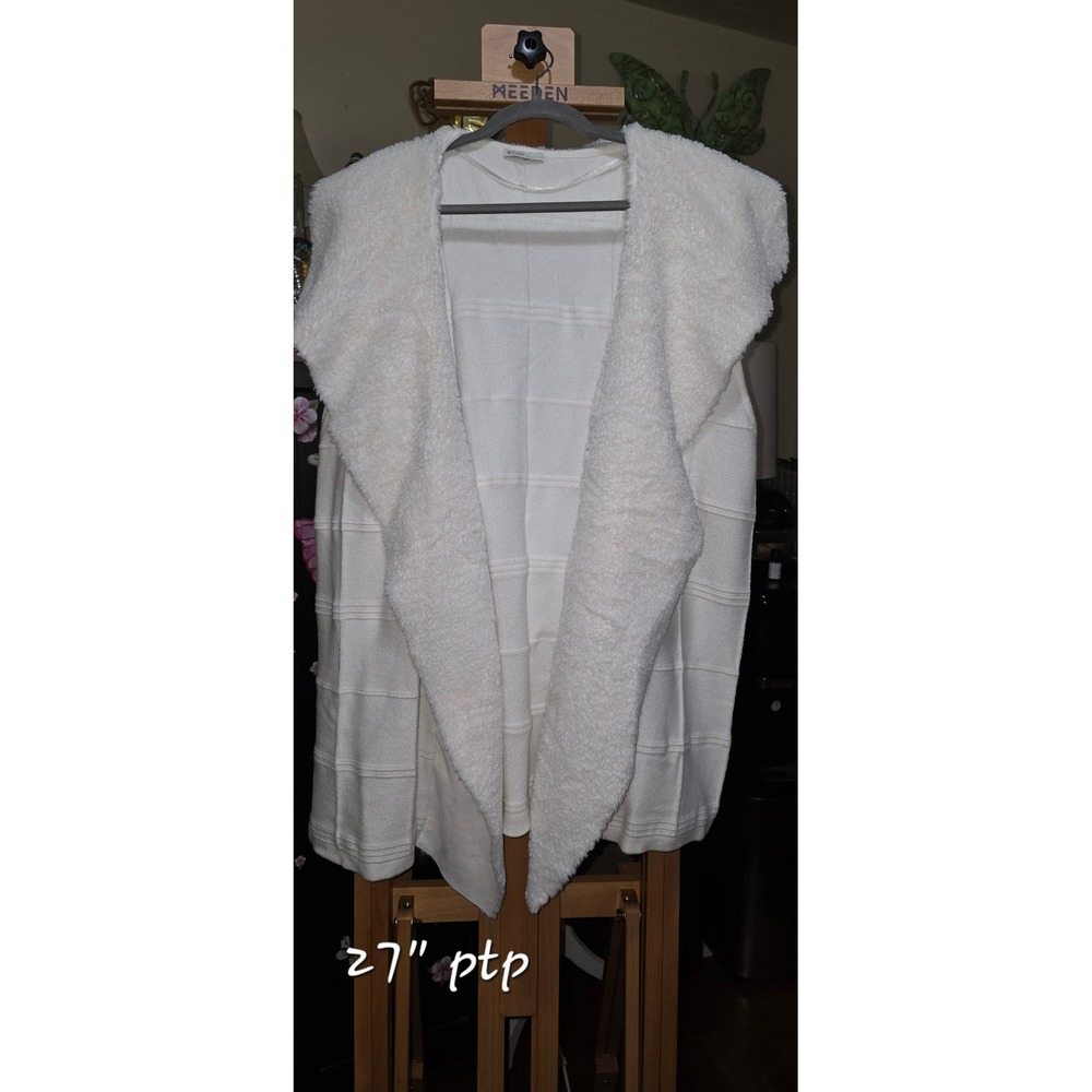 Chico's Womens Cream Faux Fur Trim Open Front Knit Vest Cardigan PTP 27
